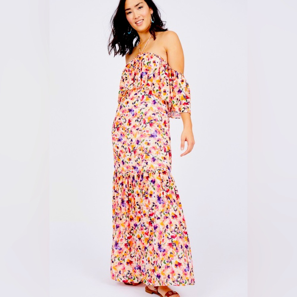 Floral Off-the Shoulder or Square Neck Maxi Dress Optional Halter Tie Small